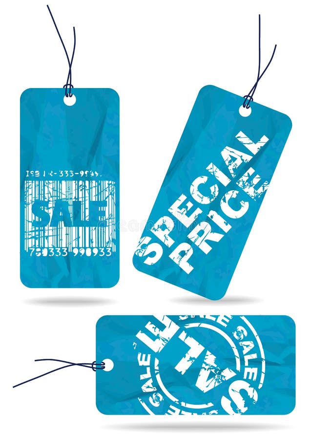 Set of blue crumpled paper tags for sale, discount