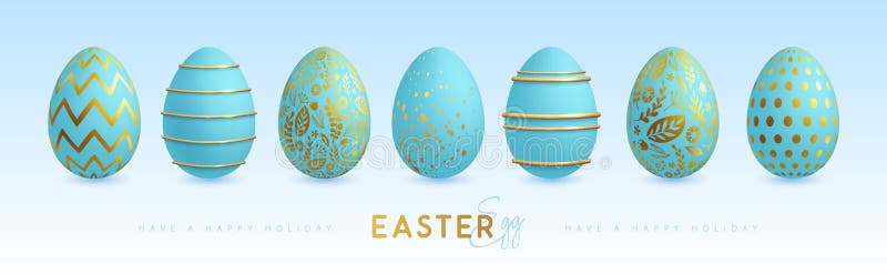 Set of blue easter eggs with golden elements. Happy Easter holiday background. Greeting card or poster. vector illustration
