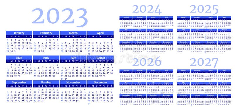 Set of Blue Monthly Calendar Templates for 2023, 2024, 2025, 2026, 2027