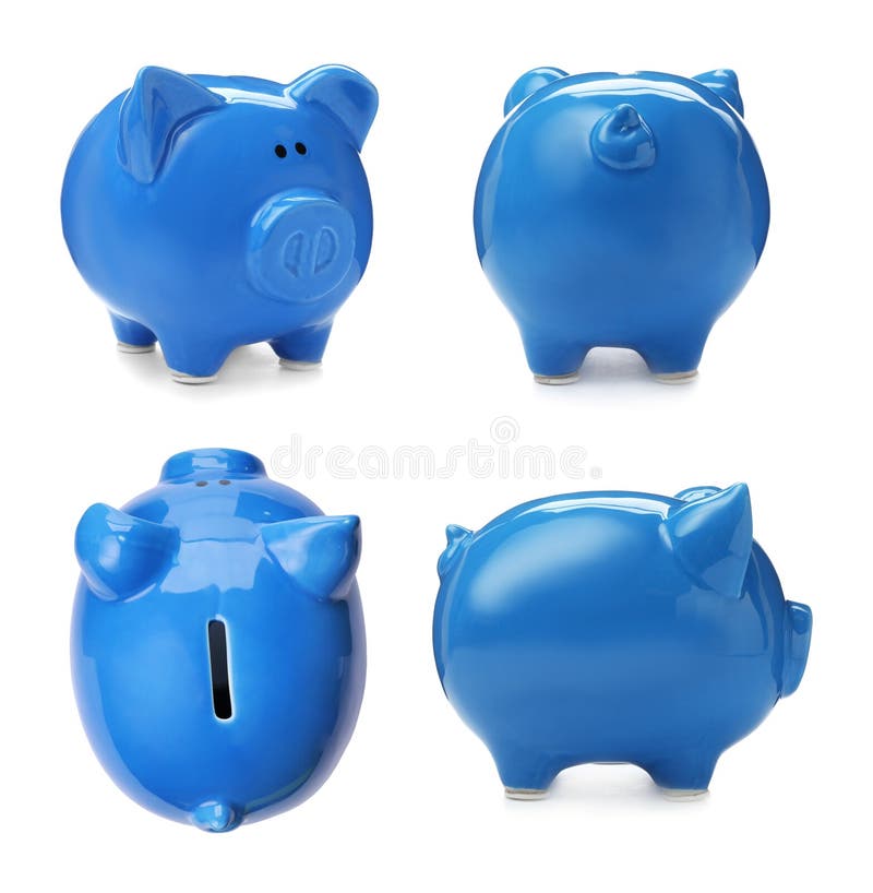 Set with blue piggy bank from different views stock images
