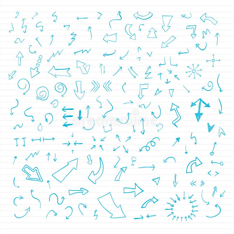 Vector hand drawn arrows set written with blue ink on paper. Up down arrows isolated vectors