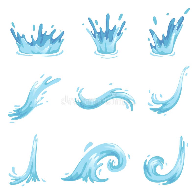 Set of blue waves and water splashes, wavy symbols of nature in motion vector Illustrations on a white background