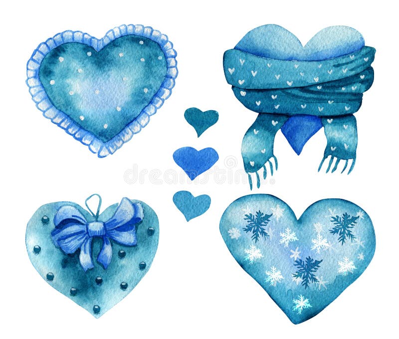 Set of blue winter watercolor hearts isolated on white stock illustration