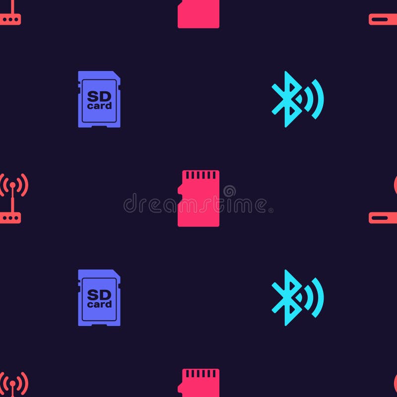 Set Bluetooth connected, SD card, Micro memory and Router and wi-fi on seamless pattern. Vector stock illustration