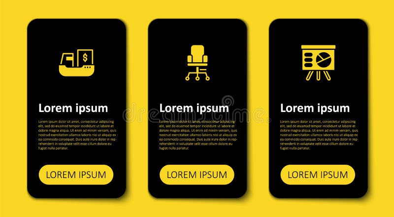 Set Board with graph, Office chair and Cargo ship boxes delivery. Business infographic template. Vector stock illustration