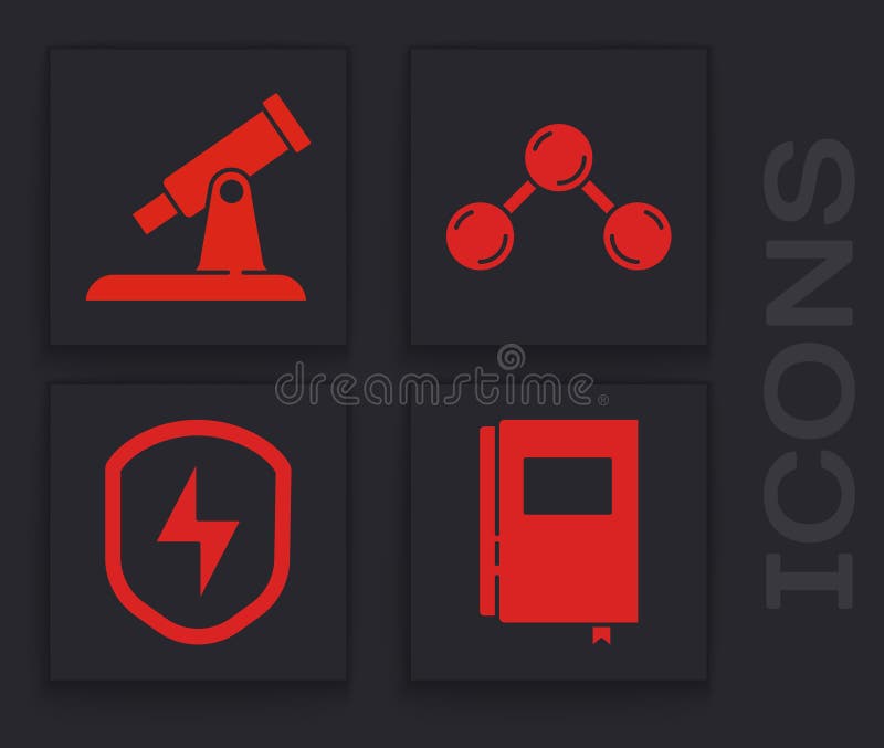 Set Book, Telescope, Molecule and Secure shield with lightning icon. Vector royalty free illustration