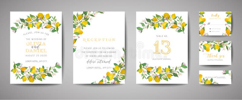 Set of Botanical wedding invitation card, vintage Save the Date, template design of lemons fruit flowers and leaves, blossom