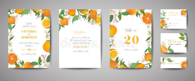 Set of Botanical wedding invitation card, vintage Save the Date, template design of orange, citrus fruit, flowers and leaves