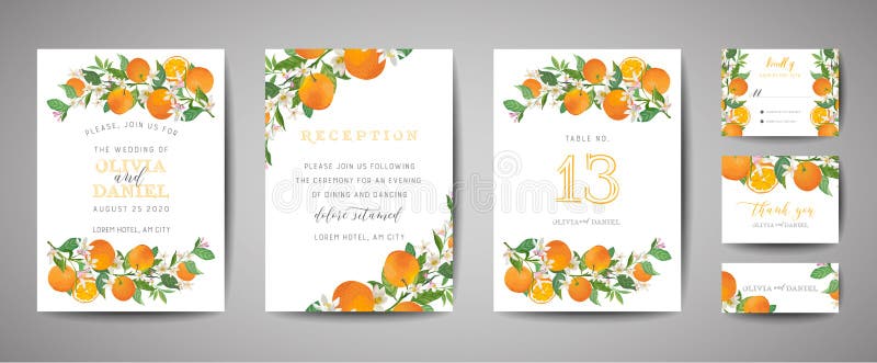 Set of Botanical wedding invitation card, vintage Save the Date, template design of orange, citrus fruit, flowers and leaves