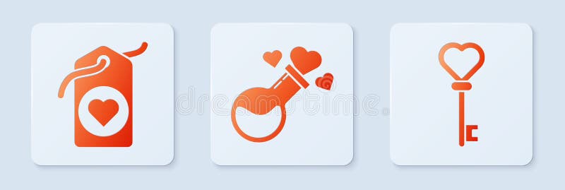 Set Bottle with love potion, Heart tag and Key in heart shape. White square button. Vector