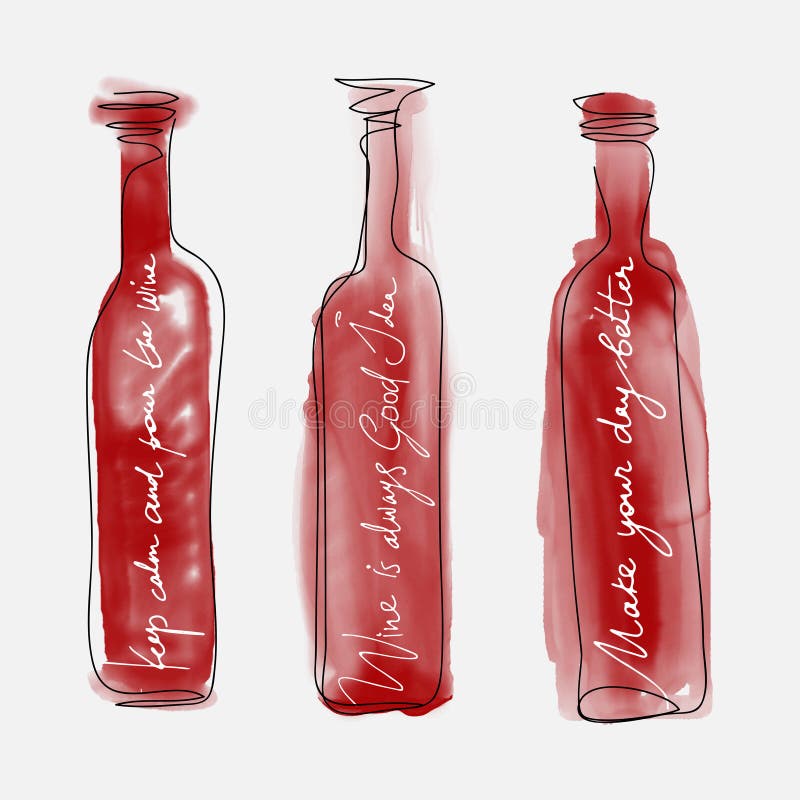 Set of bottle wine - watercolor bottles hand drawn art