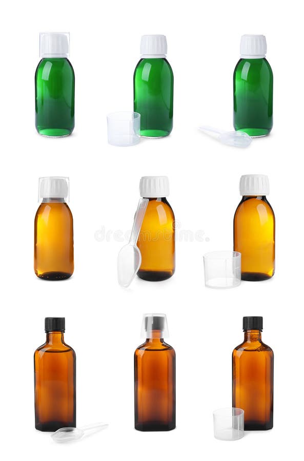 Set with Bottles of Cough Syrup on White Background Stock Photo Image