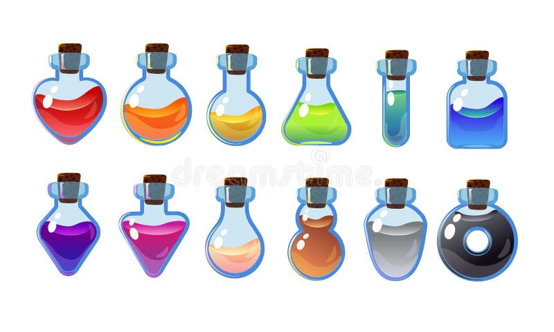 Set bottles with different potions. Game interface vector illustration Set bottles with different potions. Game interface vector illustration