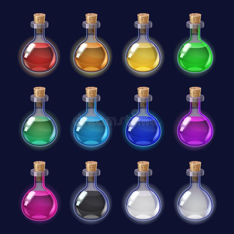 Set of Bottles Magic Potion. Game Icons Liquid Elixir Colorful with ...