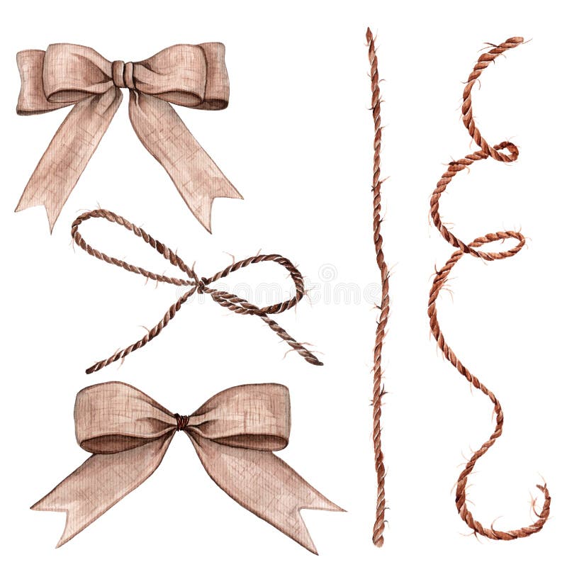 Burlap Bow And Ribbon Isolated On White Background Watercolor Hand