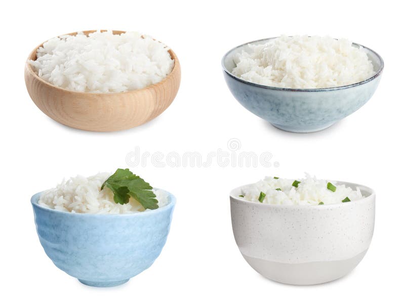 Set of Bowls with Cooked Rice Isolated on White Stock Image Image of