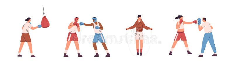 Set of boxers training with trainer and fighting. People punching box fighters and opponents, hitting boxing bag, working out with jump rope. Flat vector illustration isolated on white background.