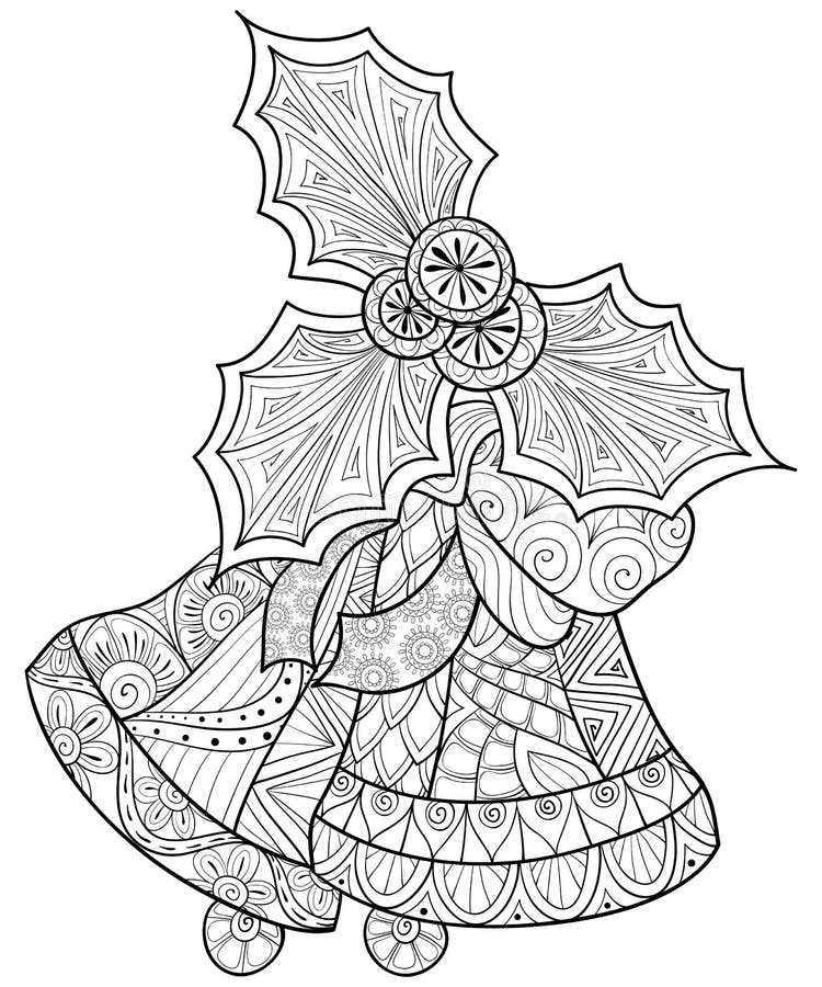 Adult coloring book,page a Christmas bells with decoration ornaments for relaxing.Zentangle.