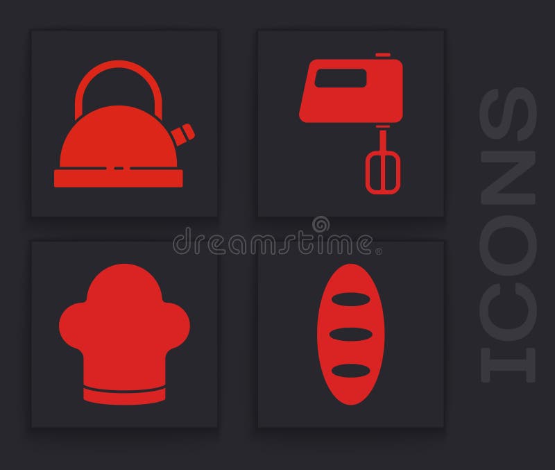 Set Bread loaf, Kettle with handle, Electric mixer and Chef hat icon. Vector stock illustration