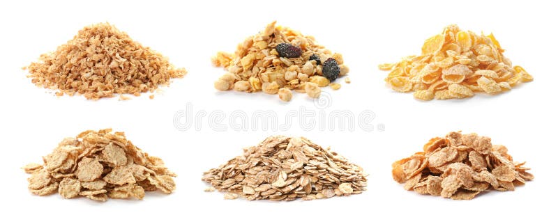 Set with breakfast cereals on white background