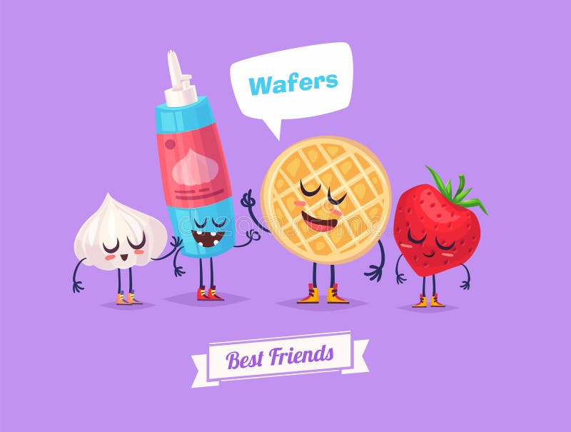 Best friends. Funny characters berry whipped cream and waffle. Funny food. Vector cartoon illustration. Cute stylish characters. Vector stock illustration. Best friends. Funny characters berry whipped cream and waffle. Funny food. Vector cartoon illustration. Cute stylish characters. Vector stock illustration.