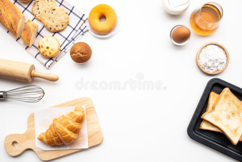 Set of breakfast food or bakery,cake on table background