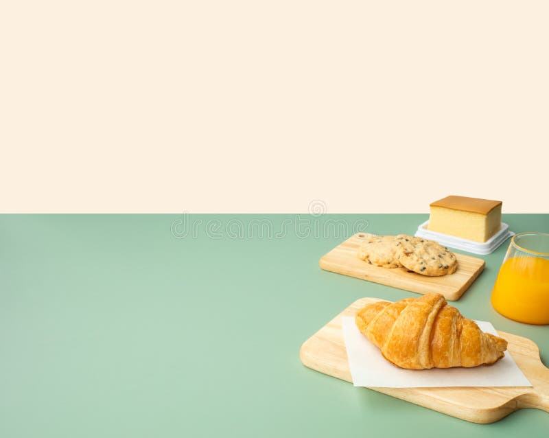 Set of breakfast food or bakery,cake on table pastel color background