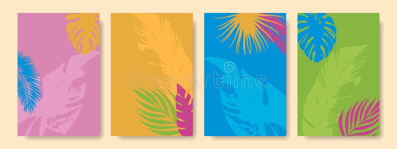 Set of bright backgrounds with tropical leaves and space for text. Vector