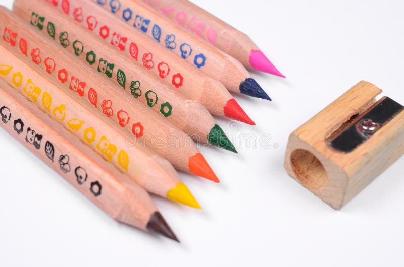 Set of Bright Colored Pencils and Knifesharpener Stock Image Image