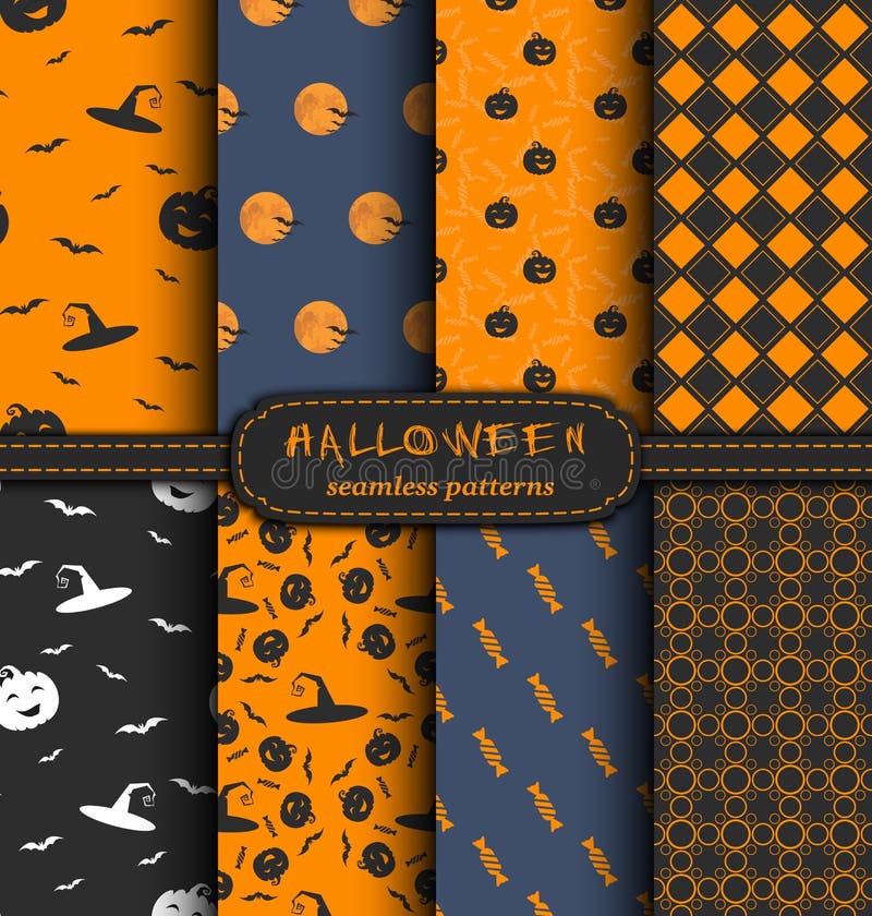 Set of 8 bright and dark Halloween seamless patterns. Vector Holiday collection for design.