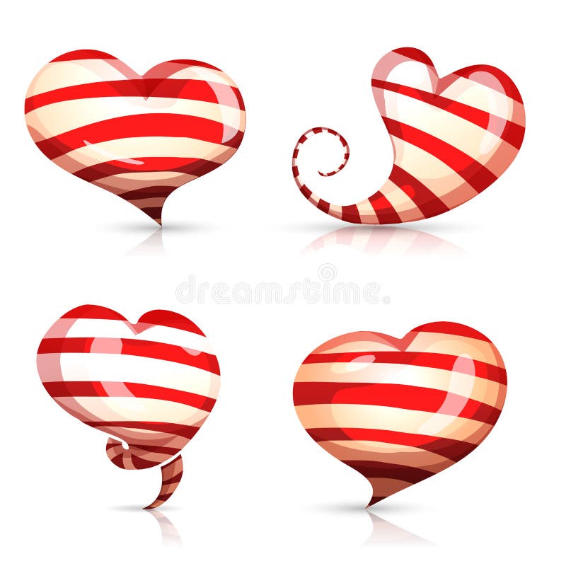 Set of bright, shiny, striped hearts of different stock illustration