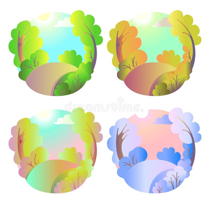 Set of bright vector natural backgrounds. Four seasons in nature - summer, winter, fall, spring. City park or vacation vector illustration Set of bright vector natural backgrounds. Four seasons in nature - summer, winter, fall, spring. City park or vacation vector illustration