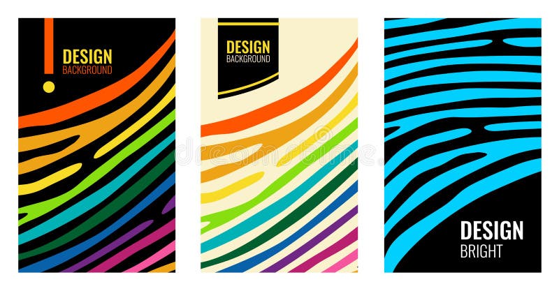 Set Bright vertical abstract colorful poster. Color strips on black backdrop. Modern background for cover design vector illustration