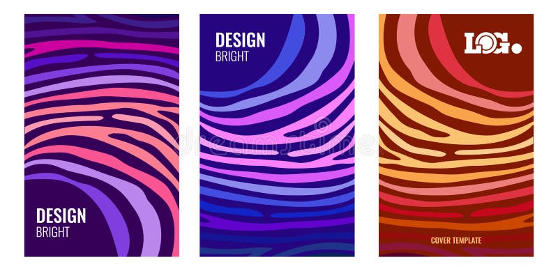 Set Bright vertical abstract poster. Color strips on dark backdrop. Modern background for cover design, flyer vector illustration