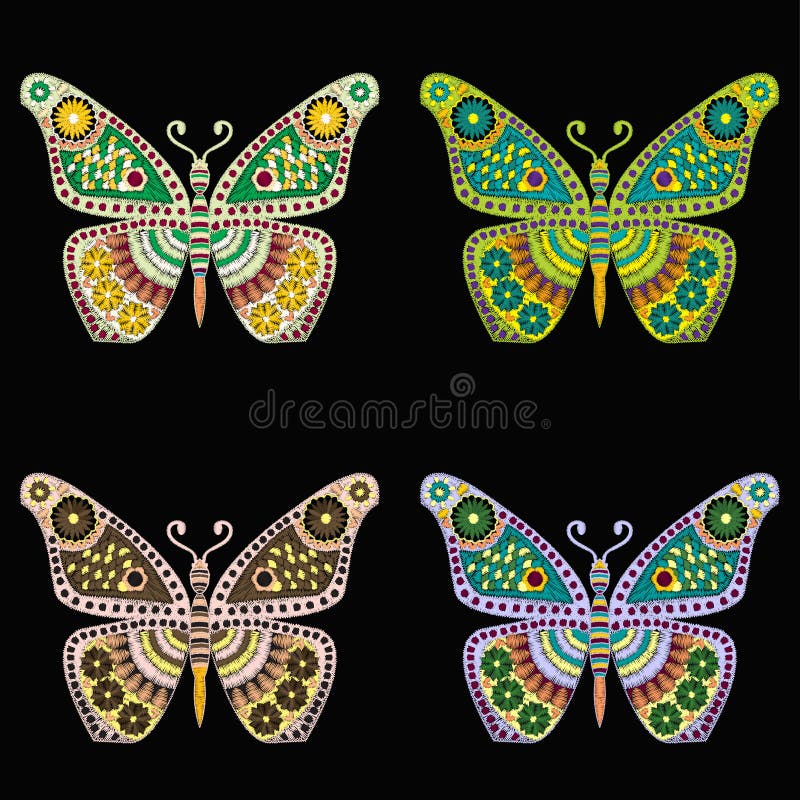 Vector set of Embroidery pattern with butterfly on black background for clothing design. Butterfly Embroidery Ornamental Fashion ornament. Vector set of Embroidery pattern with butterfly on black background for clothing design. Butterfly Embroidery Ornamental Fashion ornament.