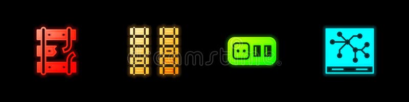 Set Broken rails on a railway, Railway, railroad track, Electrical outlet and map icon. Vector stock illustration