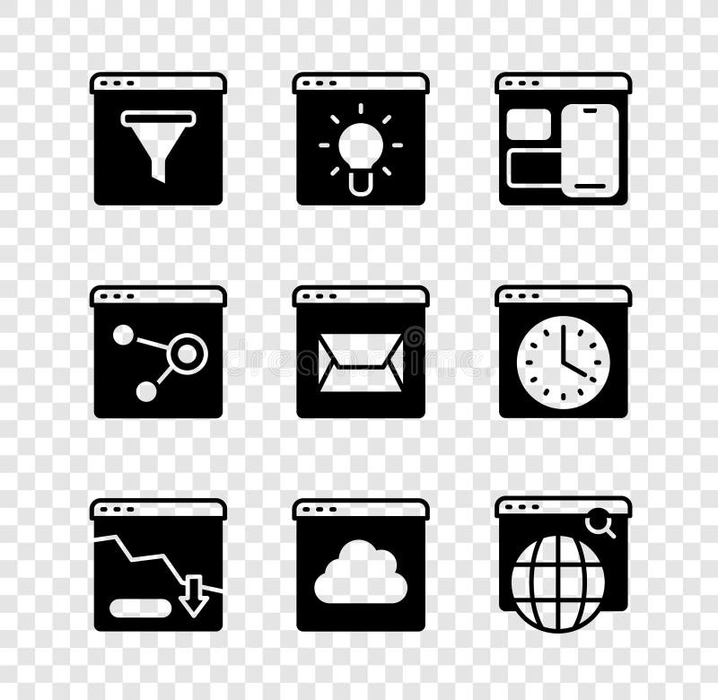 Set Browser window Web developer programming code Financial growth decrease Cloud technology data transfer Search engine and Website and mail icon. Vector. Decrease bar vectors