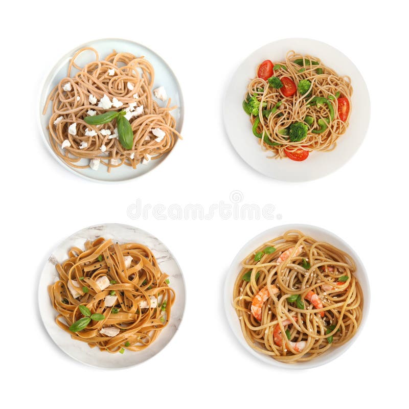 Set of Buckwheat Noodles with Ingredients on White Background, Top View