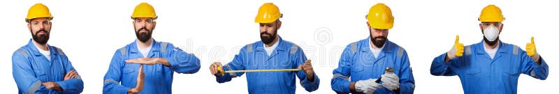 Set of builder in hard hat, foreman or repairman in the helmet, isolated on royalty free stock photo Set of builder in hard hat, foreman or repairman in the helmet, isolated on royalty free stock photo