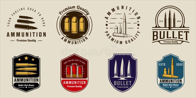 Set of bullet or ammo emblem logo vector illustration template icon graphic design. bundle collection of various ammunition for weapon sign or symbol for military equipment concept.