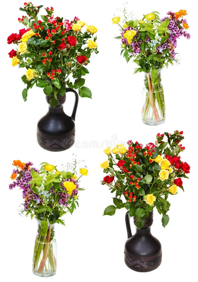 Set of bunches of flowers in jugs on white