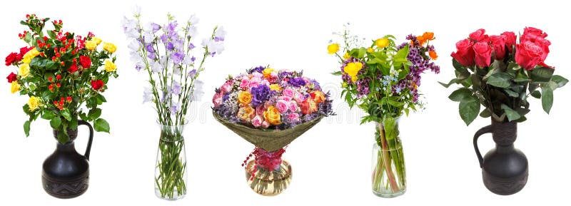 Set of bunches of flowers in vases isolated