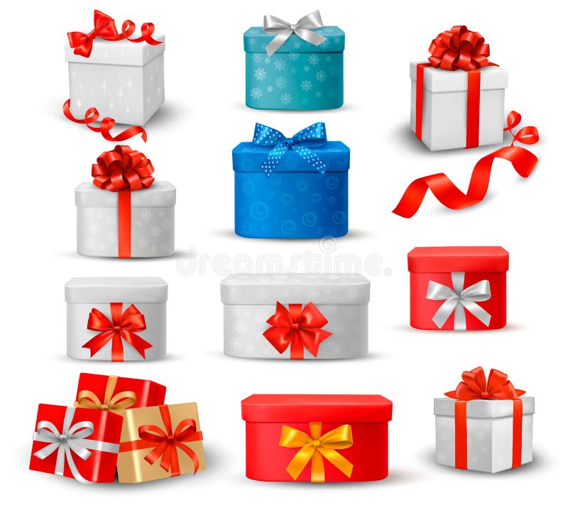 Set bunte Geschenkboxen mit Bögen und Farbbändern. stock abbildung