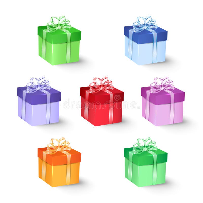 Set bunte Geschenkboxen mit Bögen und Farbbändern vektor abbildung