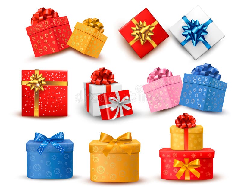 Set bunte Geschenkkästen mit Bögen und Farbbändern. lizenzfreie abbildung