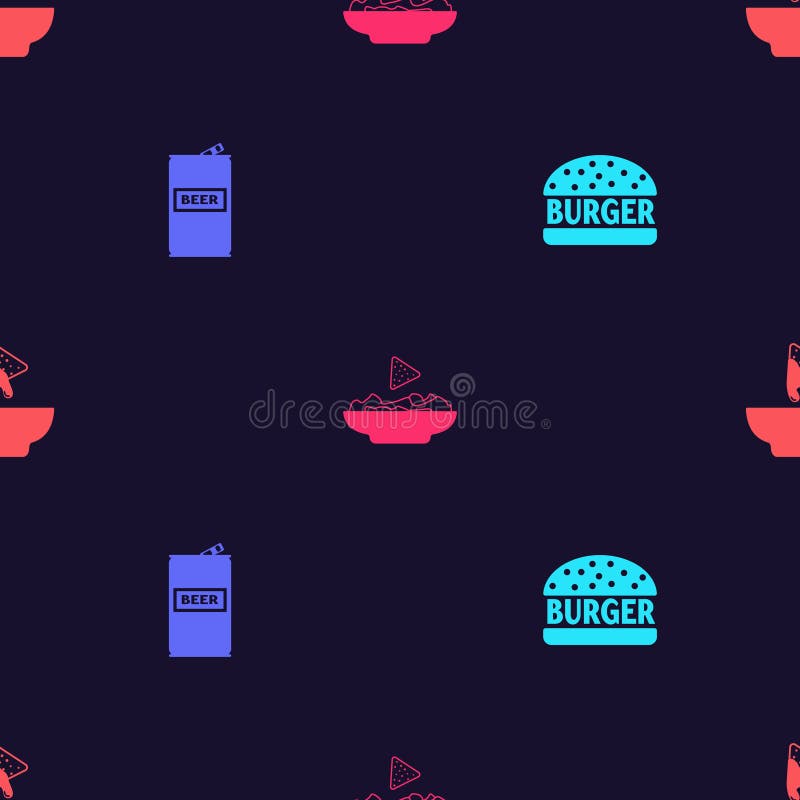 Set Burger, Beer Can, Nachos in Plate and on Seamless Pattern. Vector Stock Vector