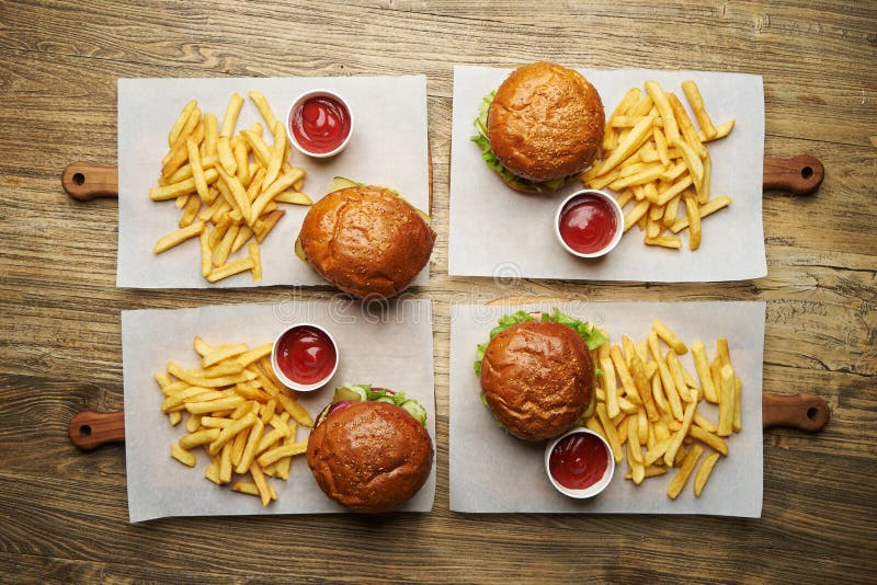 Set Of Burgers With French Fries And Ketchup Sauce Stock Image Image