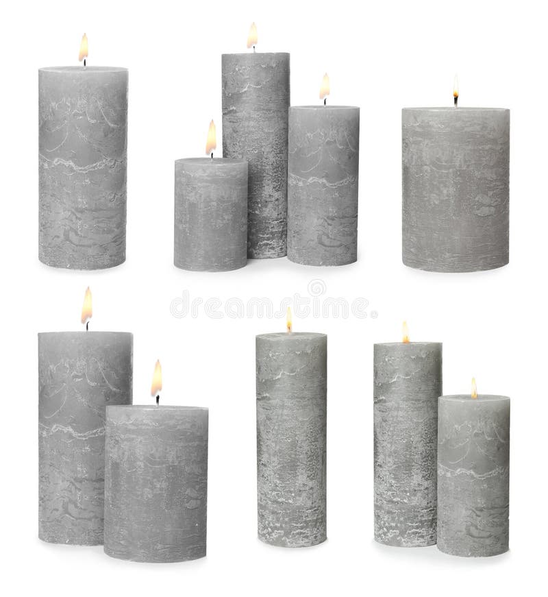 Set of Burning Grey Candles on Background Stock Photo Image of aroma