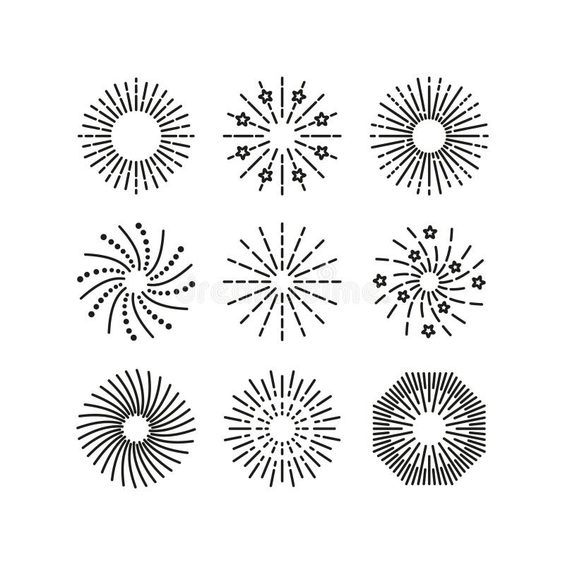 Set of burst stars and sparks. Firework icon. Outline birthday party elements. Happy new year shiny symbol vector illustration