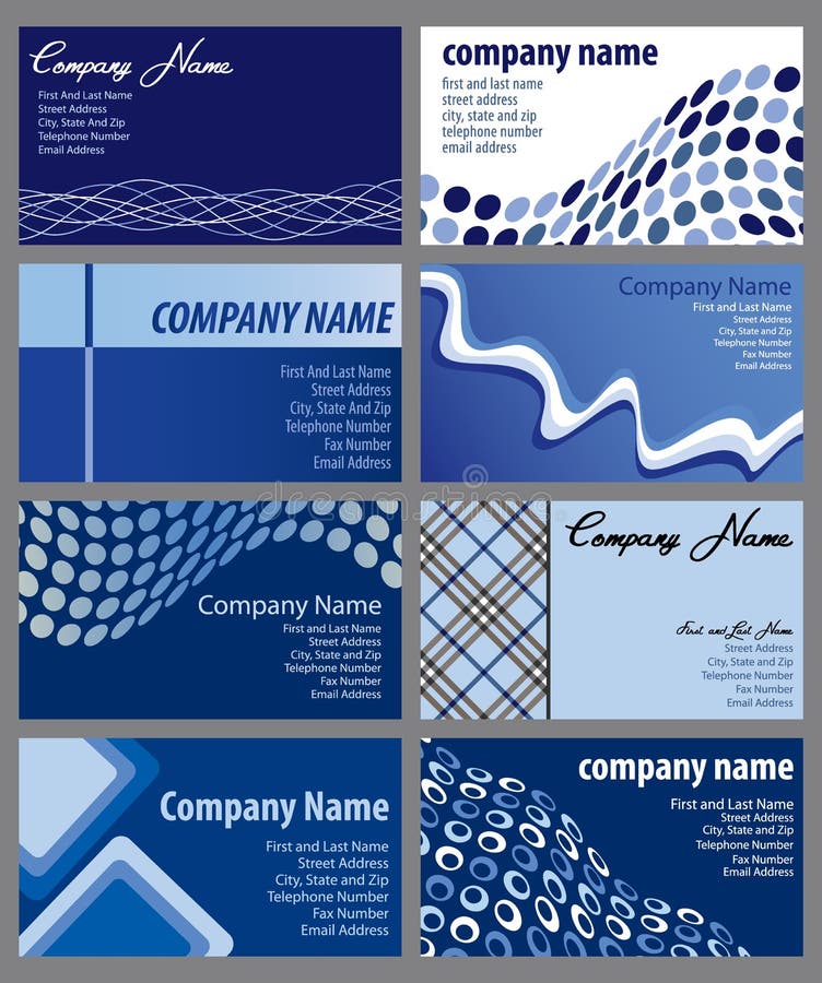 Vector illustration of eight business card designs in shades of blue. Blue square logo vectors